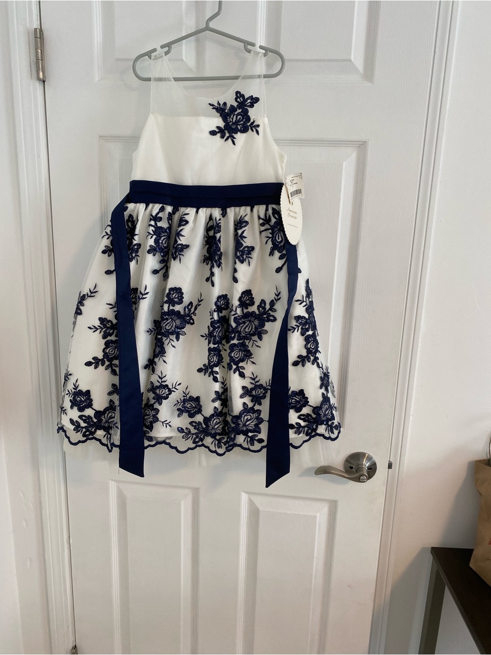 American Princess White Dress with Navy Floral Embroidery and Navy Sash